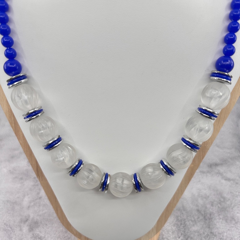 Blue Clear Beaded Necklace Silver Tone Spacers Chunky Statement Vintage Boho